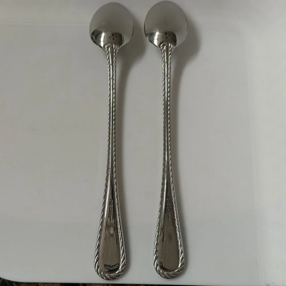 2pc Oneida Belmont-Lyons Iced Tea Spoons 7 1/2” Stainless Glossy Rope Edge China